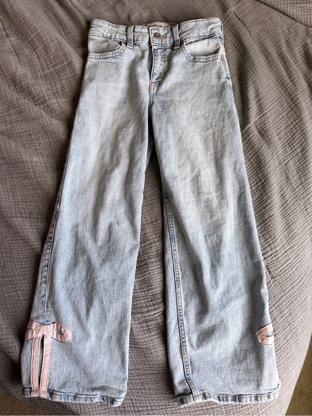 Light Wash Girl’s Abercrombie kids Wide-Leg Jeans with Pink Ribbon Detail